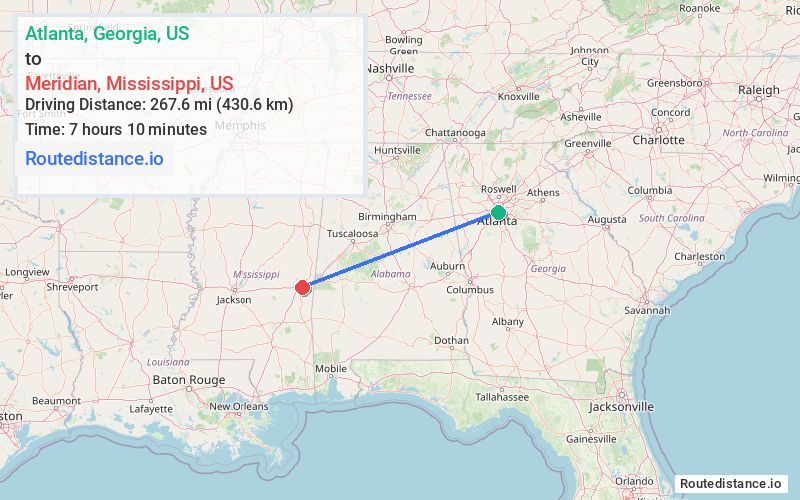 Route map from Atlanta to Meridian