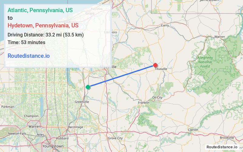 Route map from Atlantic to Hydetown