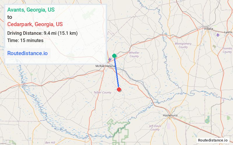 Route map from Avants to Cedarpark