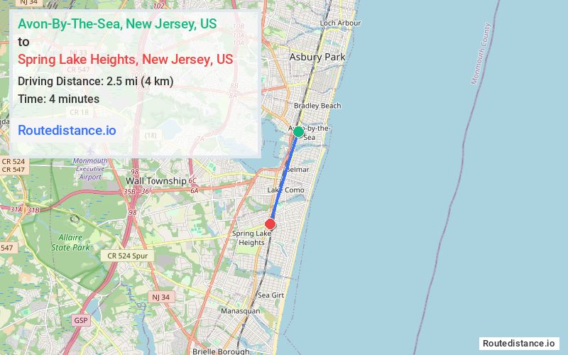 Route map from Avon-By-The-Sea to Spring Lake Heights