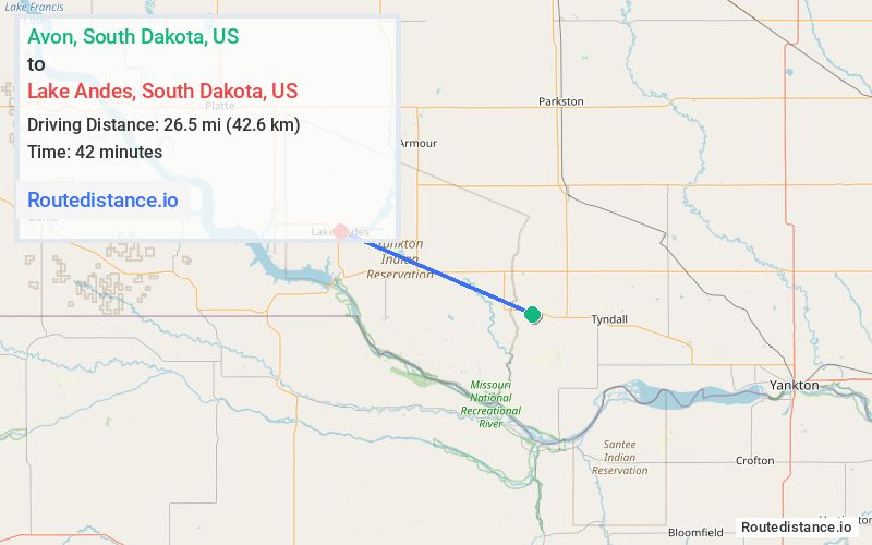Route map from Avon to Lake Andes