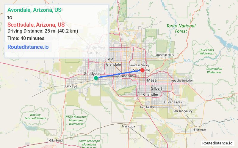 Route map from Avondale to Scottsdale