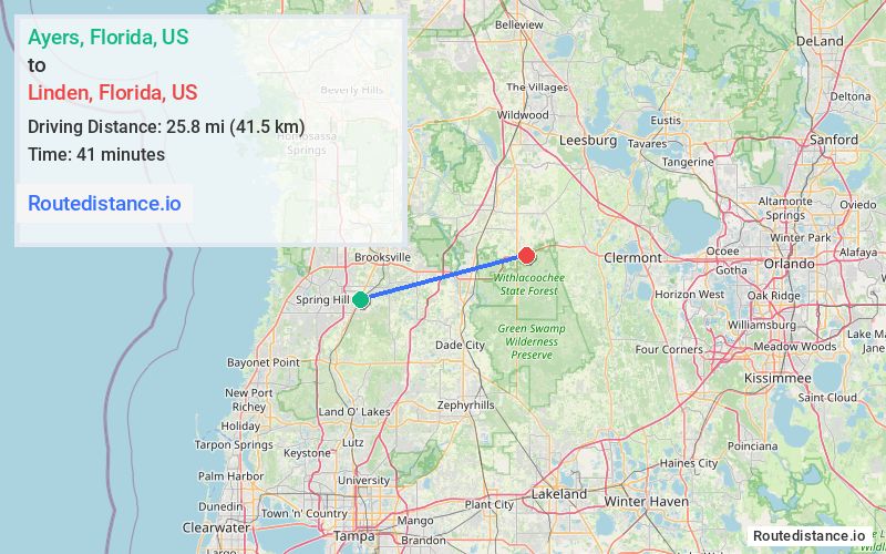 Route map from Ayers to Linden