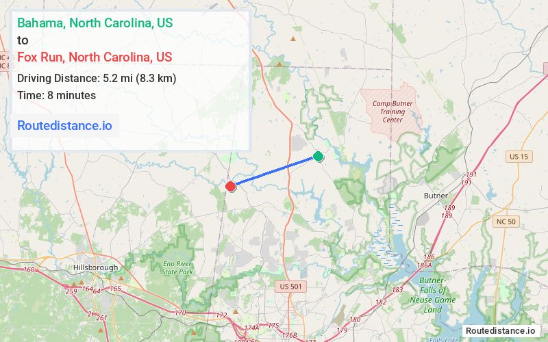 Route map from Bahama to Fox Run