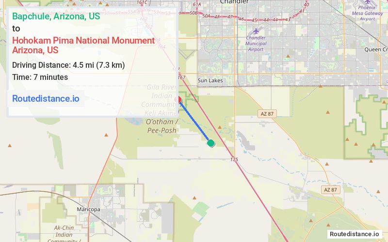 Route map from Bapchule to Hohokam Pima National Monument