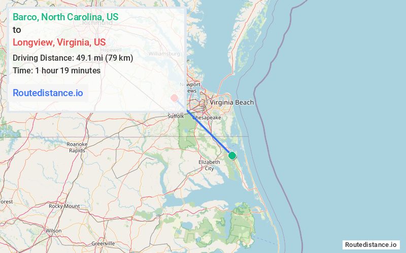 Route map from Barco to Longview