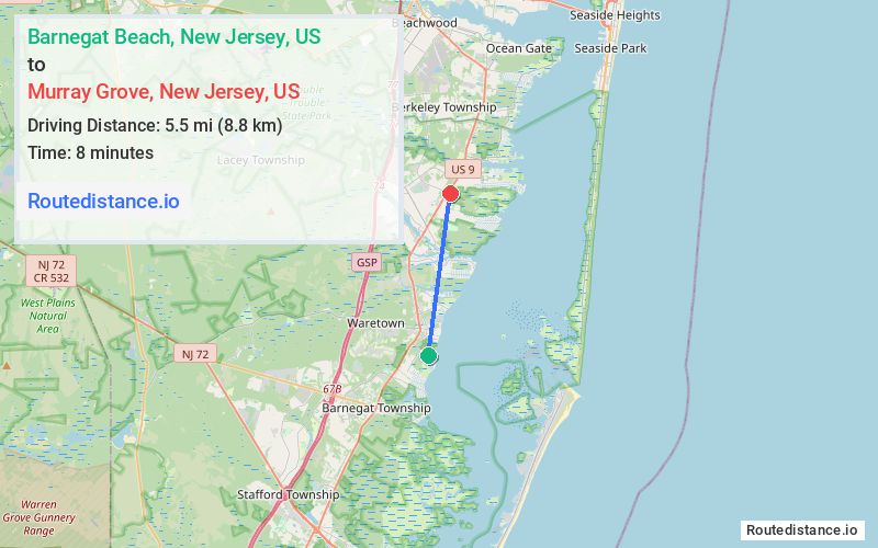 Route map from Barnegat Beach to Murray Grove