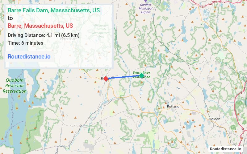 Route map from Barre Falls Dam to Barre