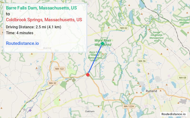 Route map from Barre Falls Dam to Coldbrook Springs