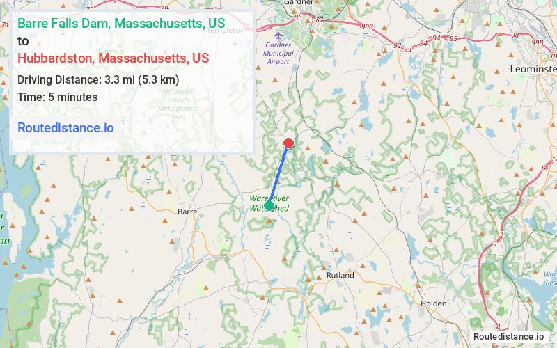 Route map from Barre Falls Dam to Hubbardston