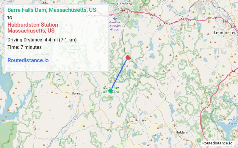 Route map from Barre Falls Dam to Hubbardston Station