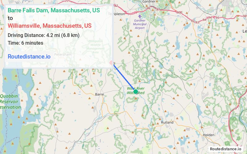 Route map from Barre Falls Dam to Williamsville