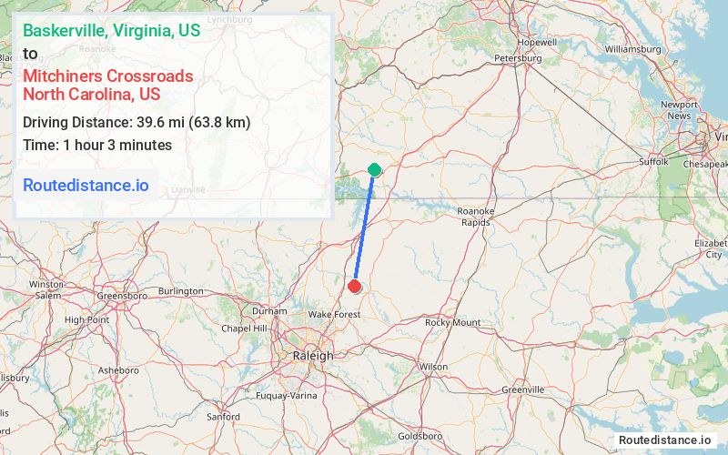 Distance from Baskerville to Mitchiners Crossroads