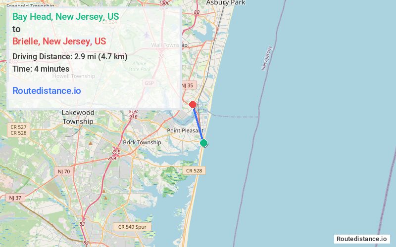 Route map from Bay Head to Brielle