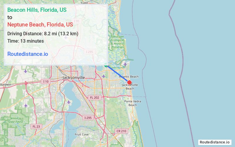 Route map from Beacon Hills to Neptune Beach