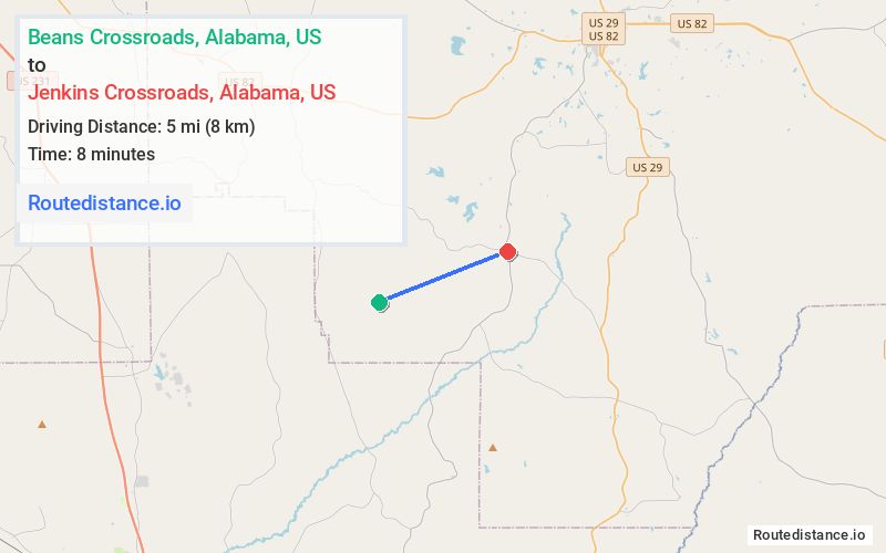 Route map from Beans Crossroads to Jenkins Crossroads