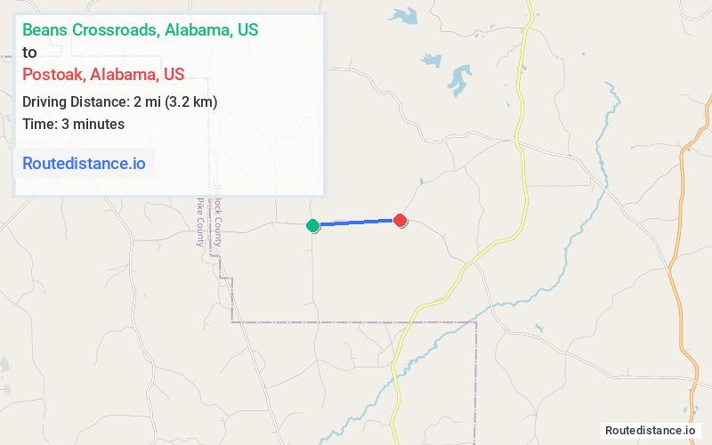 Route map from Beans Crossroads to Postoak