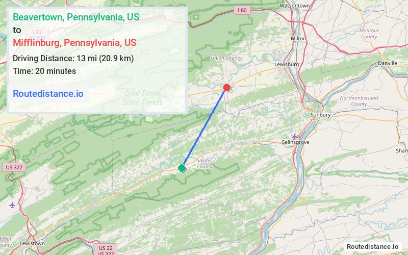 Route map from Beavertown to Mifflinburg