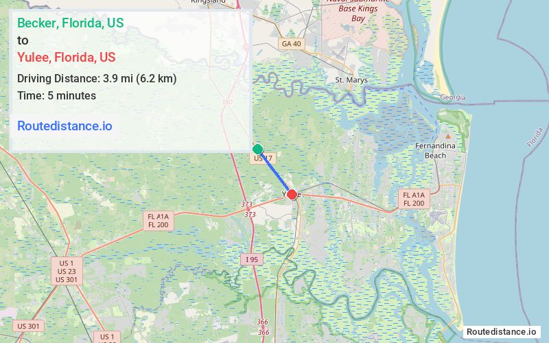 Route map from Becker to Yulee