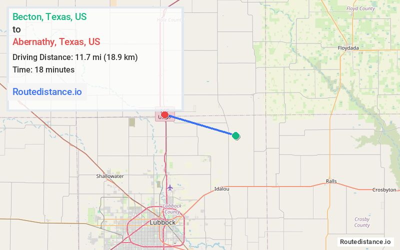 Route map from Becton to Abernathy
