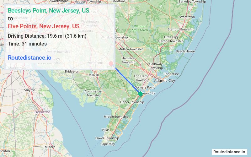 Distance from Beesleys Point to Five Points