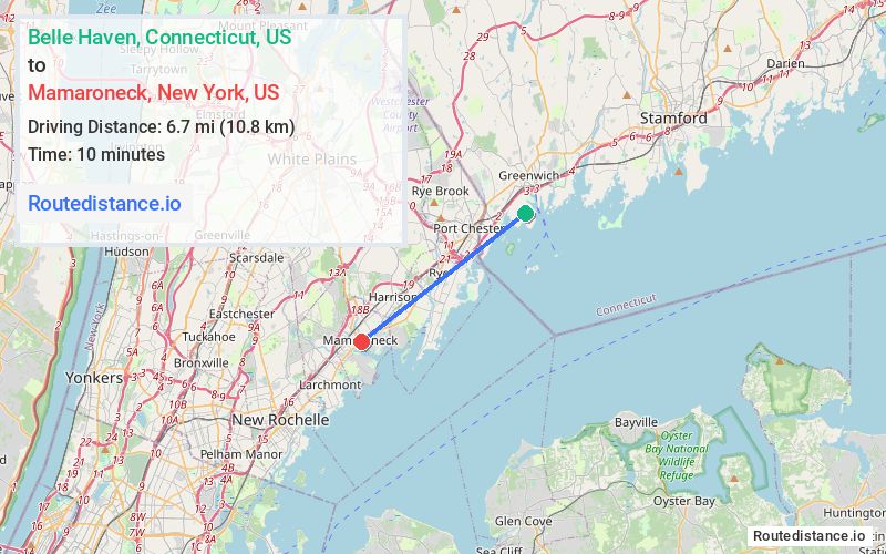 Route map from Belle Haven to Mamaroneck
