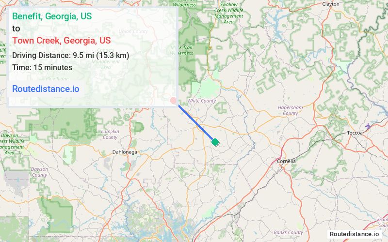 Route map from Benefit to Town Creek