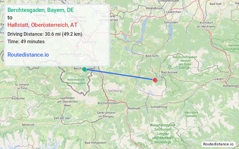 Route map from Berchtesgaden to Hallstatt