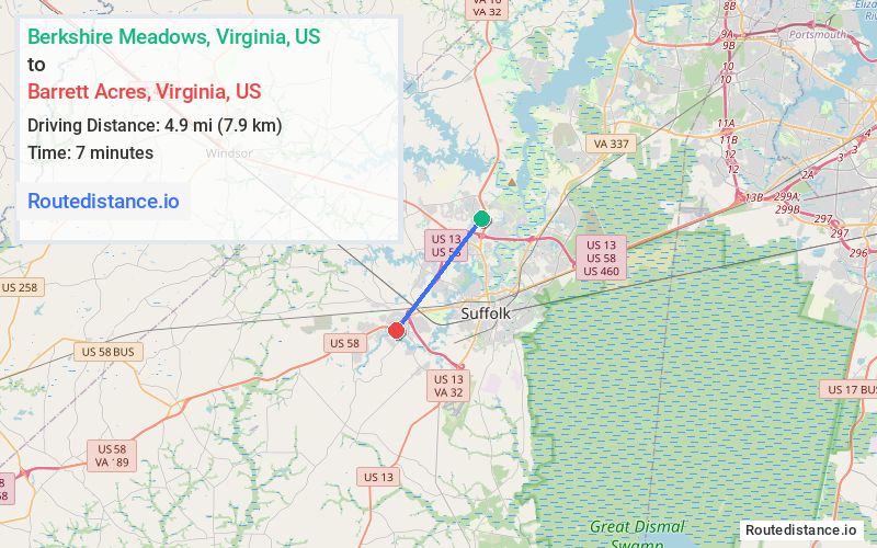 Route map from Berkshire Meadows to Barrett Acres