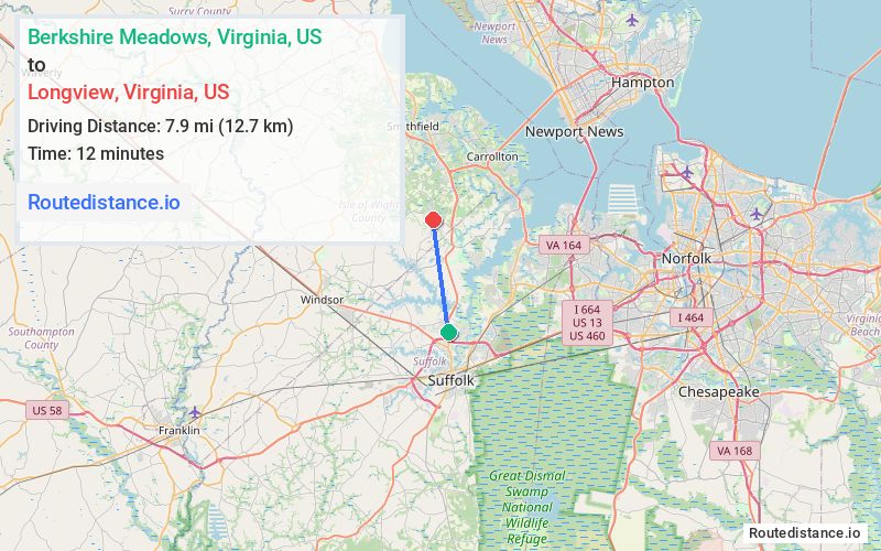 Route map from Berkshire Meadows to Longview