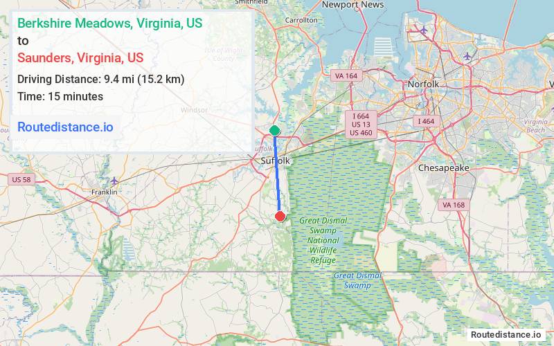 Route map from Berkshire Meadows to Saunders