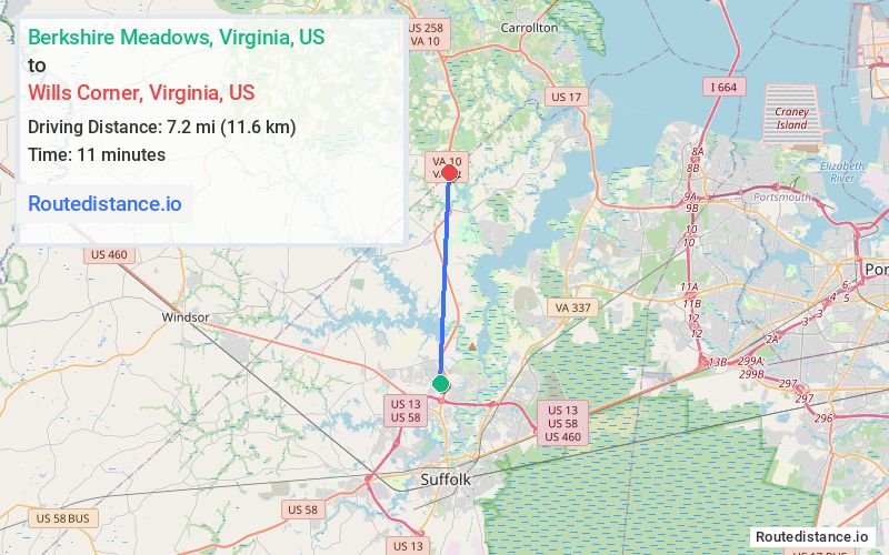 Route map from Berkshire Meadows to Wills Corner