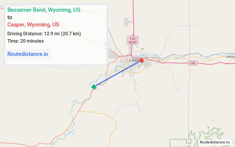 Route map from Bessemer Bend to Casper