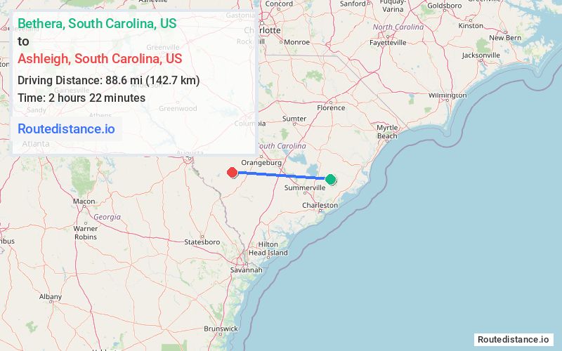 Route map from Bethera to Ashleigh