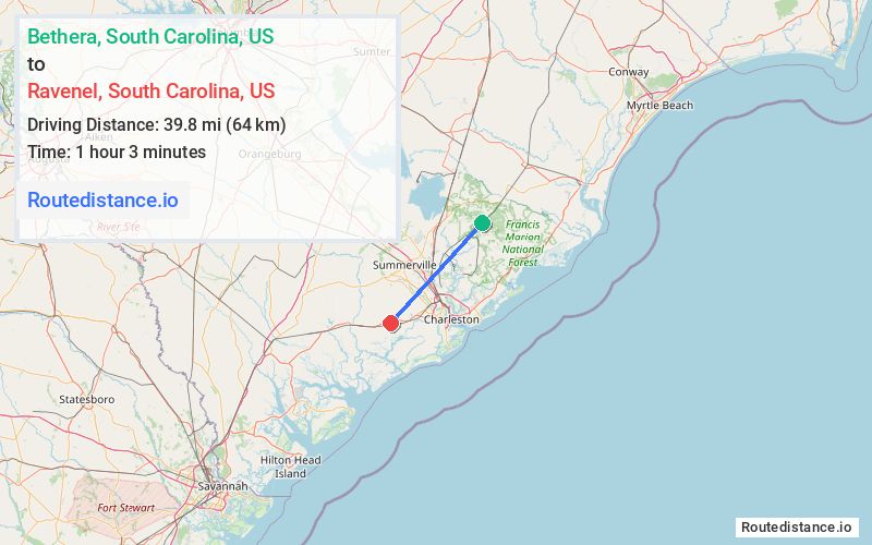 Distance from Bethera to Ravenel