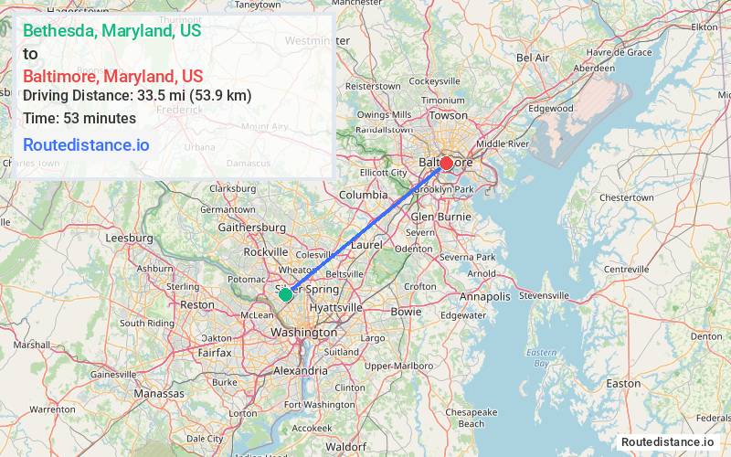 Route map from Bethesda to Baltimore