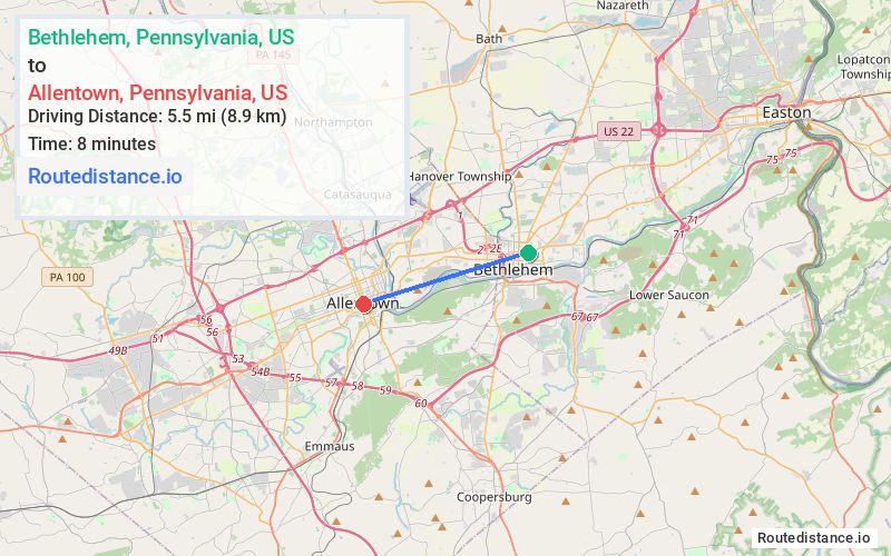 Route map from Bethlehem to Allentown