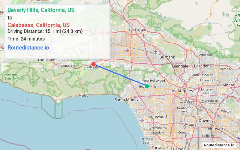 Route map from Beverly Hills to Calabasas