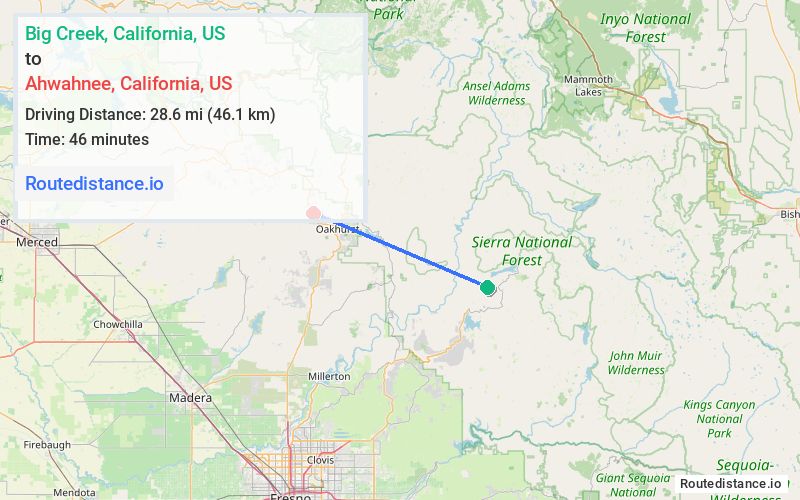 Route map from Big Creek to Ahwahnee