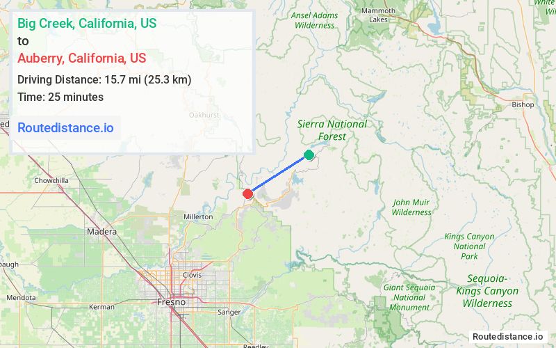 Route map from Big Creek to Auberry