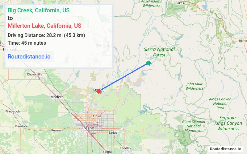Route map from Big Creek to Millerton Lake