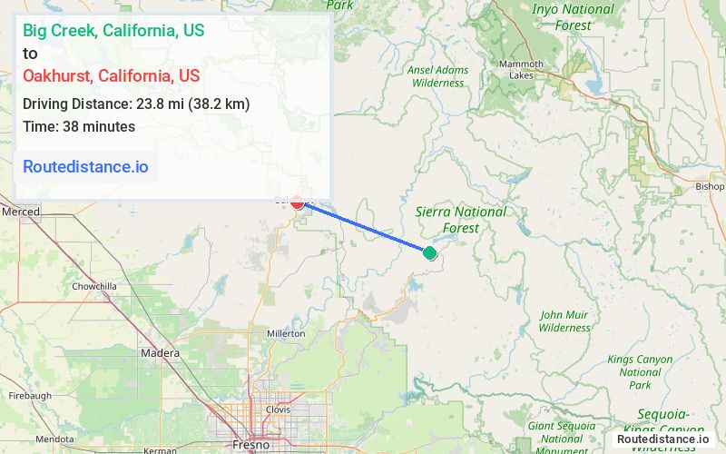 Route map from Big Creek to Oakhurst