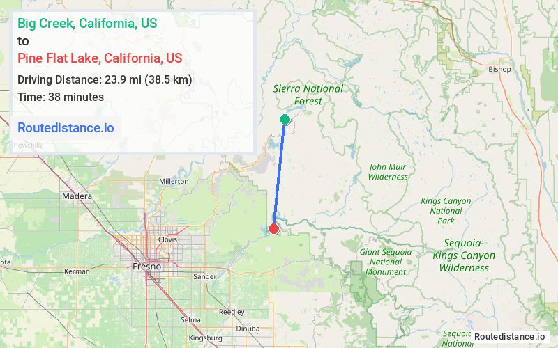 Route map from Big Creek to Pine Flat Lake