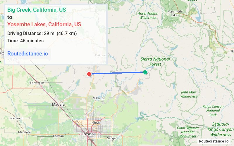 Route map from Big Creek to Yosemite Lakes