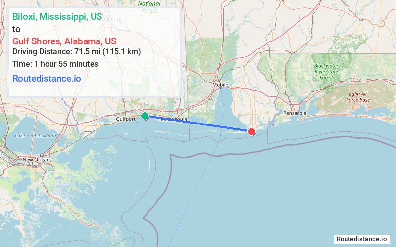Route map from Biloxi to Gulf Shores