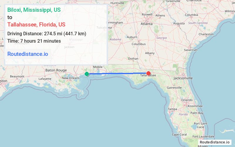 Route map from Biloxi to Tallahassee
