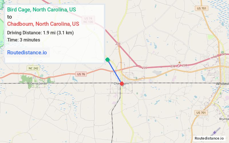 Route map from Bird Cage to Chadbourn