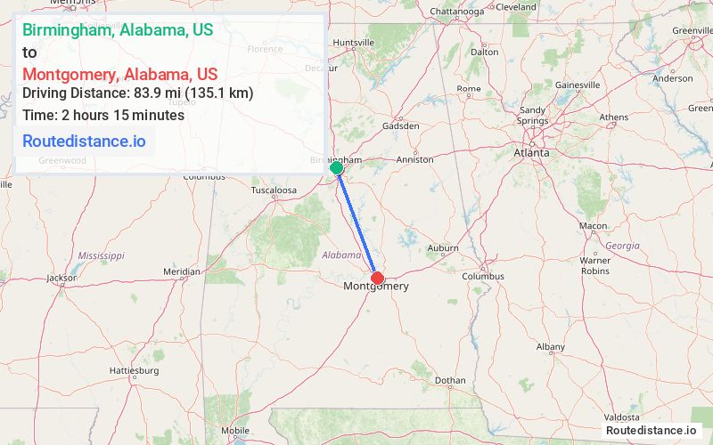 Route map from Birmingham to Montgomery