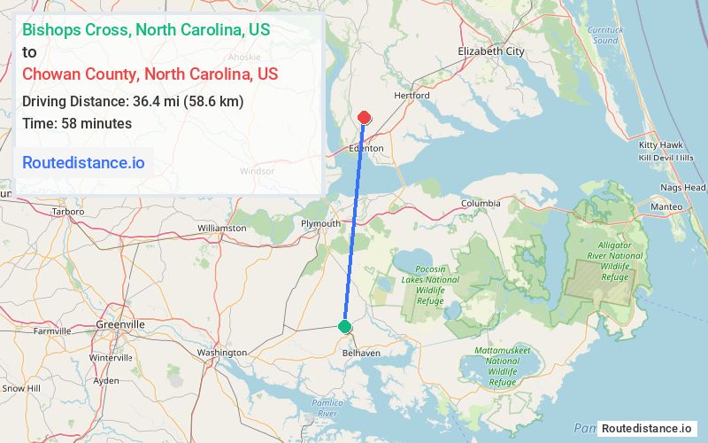 Distance from Bishops Cross to Chowan County