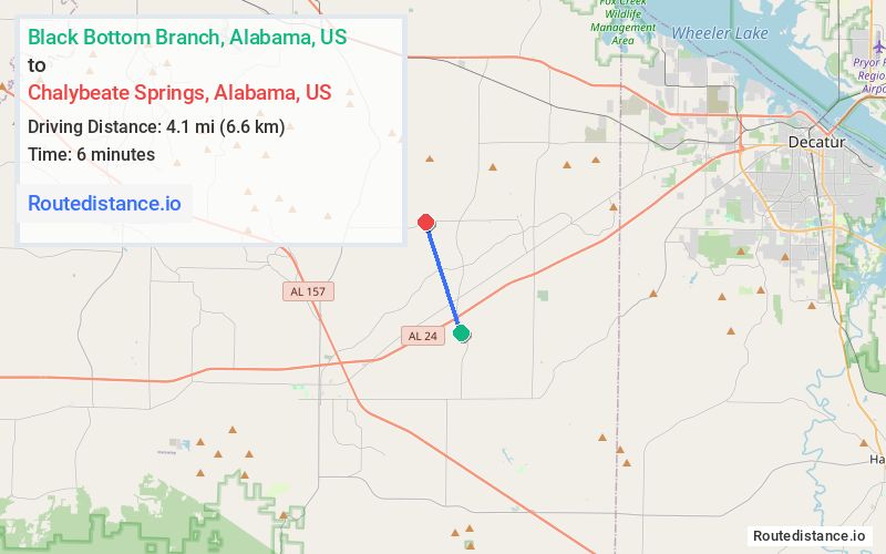 Route map from Black Bottom Branch to Chalybeate Springs